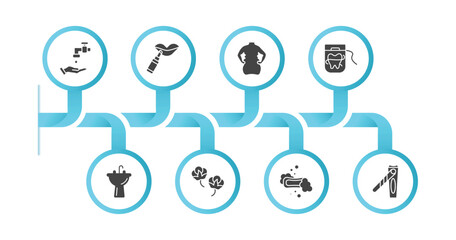 editable filled icons with infographic template. infographic for hygiene concept. included scrub up, dolled up, body shaming, flossing, washbowl, cotton, lather, nail clippers icons.