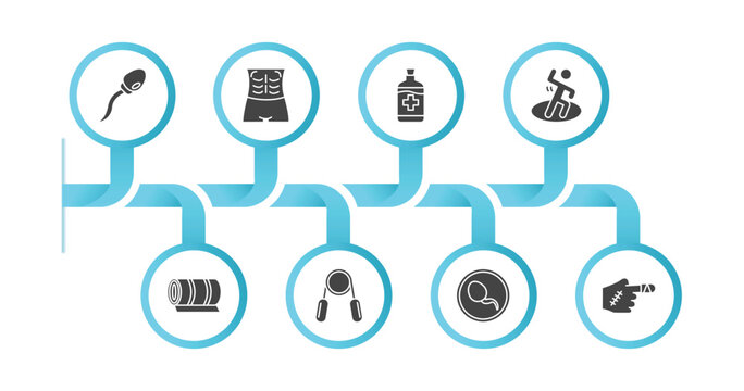 Editable Filled Icons With Infographic Template. Infographic For Health And Medical Concept. Included Sperm, Abs, Syrup, Exercise, Yoga Mat, Handgrip, Spermatozoon, Injury Icons.