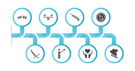 editable filled icons with infographic template. infographic for general concept. included binocular, balancer, stationery knife, save water badge, deckchair, leader with loudspeaker, heart between