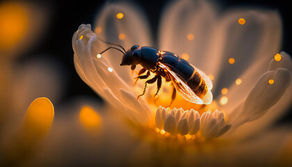 A macro photograph of a beautiful firefly landing delicately on the stamen of a flower. Generative AI