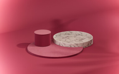 Viva magenta is a trend colour year 2023. Abstract minimalist scene with geometric forms. Podium on dark red background.Product presentation, show cosmetic product display. 3d render. Top view
