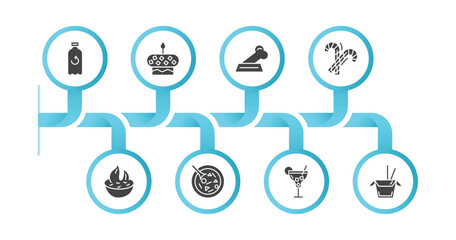 editable filled icons with infographic template. infographic for food concept. included recycling bottles, cake with one candle, dog food, christmas candy sticks, spicy food, luosifen, cocktail on a