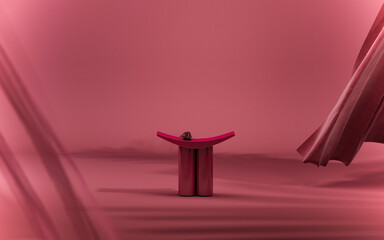 Viva magenta is a trend colour year 2023. Abstract minimalist scene with geometric forms. Podium on dark red background.Product presentation, mock up, show cosmetic product display. 3d render
