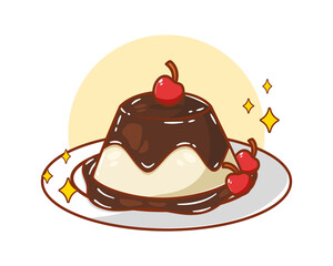 Cute chocolate pudding with cherry cartoon illustration