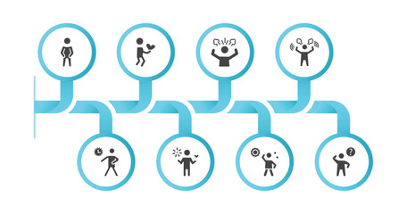 editable filled icons with infographic template. infographic for feelings concept. included proud human, lovely human, frustrated human, angry impatient loved hot curious icons.