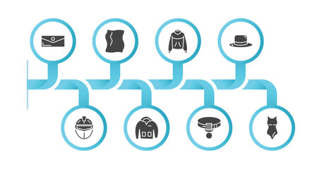 editable filled icons with infographic template. infographic for fashion concept. included purses, rag, sweater with pocket, round hat, general helmet, sweater with pockets, collar, swimwear icons.