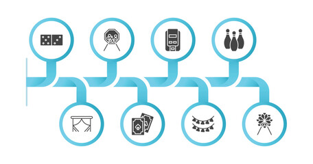 editable filled icons with infographic template. infographic for arcade concept. included domino, lottery game, super, bowling pins, curtain stage, poker, festival, carousel icons.