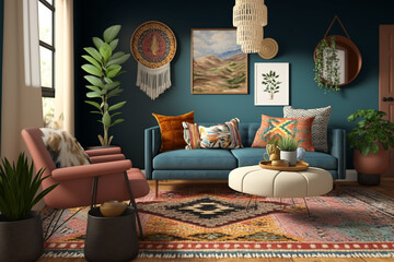 a bohemian-inspired living room decoration with a mix of patterns, textures, and colors, featuring elements like vintage rugs, bold artwork, and cozy seating Generative AI