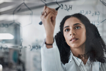 Writing, science and chemistry with black woman in laboratory for medicine, pharmacy and...