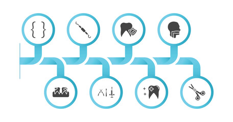 editable filled icons with infographic template. infographic for dentist concept. included brackets, periodontal scaler, prophylaxis, oral, dental plaque, dental hook, healthy tooth, dentist