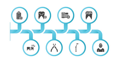 editable filled icons with infographic template. infographic for dentist concept. included health report, molar crown, gauze, holed tooth, toothache, tooth pliers, filler, healthy boy icons.