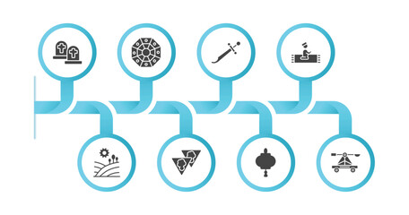 editable filled icons with infographic template. infographic for cultures concept. included cemetery, pa kua mirror, scimitar, islamic prayer, tuscany, bolo de fuba, paper lantern, trebuchet icons.