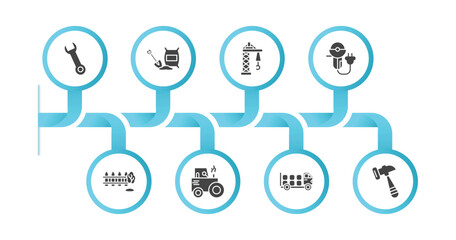 editable filled icons with infographic template. infographic for construction concept. included spanner, cement, derrick facing right, grinder, garden fence, steamroller, truck with load, inclined