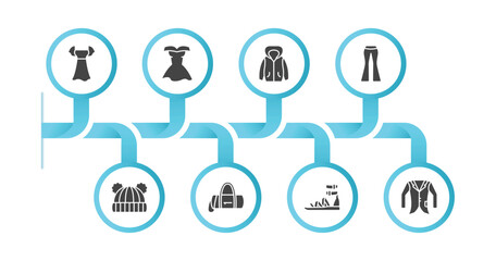 editable filled icons with infographic template. infographic for clothes concept. included chiffon dress, cocktail dress, hooded jacket, flare pants, knit hat with pom pom, barrel handbag, gladiator