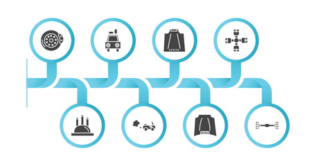 editable filled icons with infographic template. infographic for car parts concept. included car brake, car luggage rack, bonnet, wheel brace, distributor cap, tailpipe, hood, axle icons.