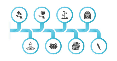 editable filled icons with infographic template. infographic for charity concept. included blood donation, enviromental protection, reforestation, donation box, clean water, smiley face, solidarity,