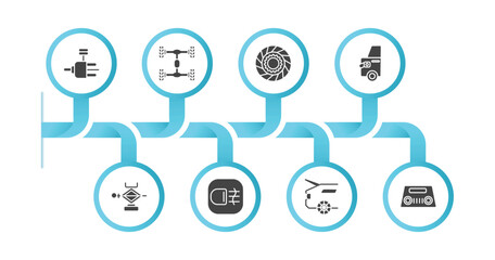 editable filled icons with infographic template. infographic for car parts concept. included car distributor, car chassis, clutch, petrol cap, jack, fog lamp, boot, parcel shelf icons.