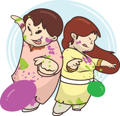 Holi Celebration, Indian festival. Young couple (Friends) Playing Holi celebration poster, banner, wallpaper. vector illustration design.