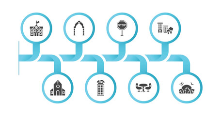 editable filled icons with infographic template. infographic for city elements concept. included city hall, arch, stop, apartment, church, phone booth, chair and table, cementery icons.