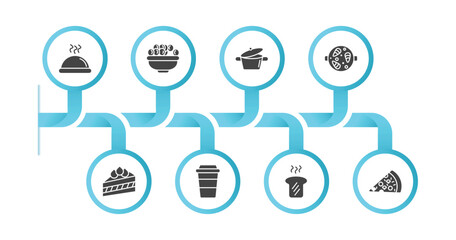 editable filled icons with infographic template. infographic for bistro and restaurant concept. included tray and cover, bowl of olives, bistro pot, paella with parwns, cut cake piece, cardboard