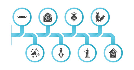 editable filled icons with infographic template. infographic for birthday and party concept. included mustache, wedding invitation, love potion, sweet, party horn, groom, bride, love house icons.