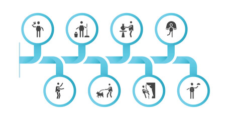 editable filled icons with infographic template. infographic for behavior concept. included brushing teeth, cleaner man, man doing pottery, rope jumping, stick man dancing, walking the dog,