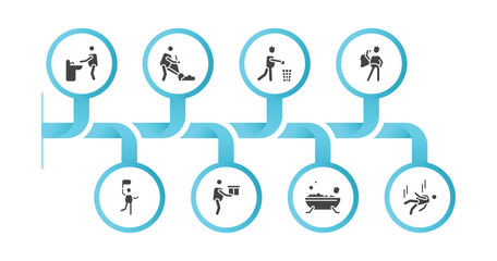 editable filled icons with infographic template. infographic for behavior concept. included washing hands, man digging, throwing trash, singer with microphone, man with flag, stick man box, bathing,