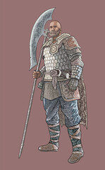 Drawing amor kingdom of austria, big axe, warrior, art.illustration, vector