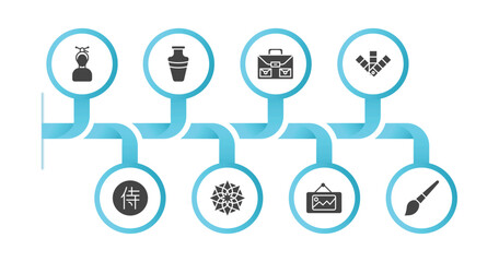 editable filled icons with infographic template. infographic for art concept. included japanese drawing, ceramic vase, school briefcase, ches, kanji character, islamic art, picture in frame,