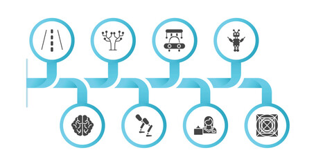 editable filled icons with infographic template. infographic for artificial intellegence concept. included road, technology tree, high speed tube, exoskeleton, brain, prosthesis, shop assistant, ai
