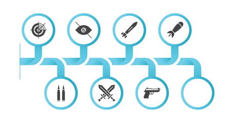 editable filled icons with infographic template. infographic for army and war concept. included militar radar, stealth, torpedo, airplane bomb, anchor, two bullets, combat, pistol icons.