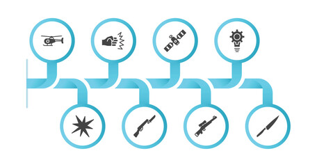 editable filled icons with infographic template. infographic for army and war concept. included helicopter, assault, military satellites, strategy, explosion, bayonet on rifle, sniper rifle, bunker