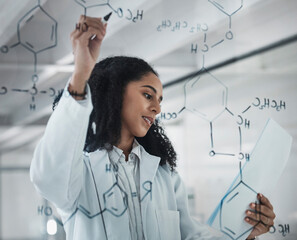 Writing, science and chemistry with black woman and research in laboratory for medicine, pharmacy and documents. Formula, analytics and medical with expert solving on board for idea, study or data