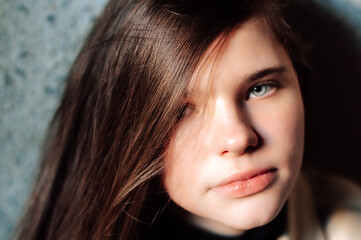 brunette girl with blue eyes, girl portrait
