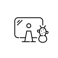 Desktop monitor and cactus in pot. Comfortable workplace. Pixel perfect, editable stroke icon