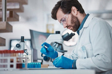Scientist, writing or notebook for laboratory test tube, blood research or medical dna engineering....