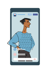 young man, girl waving hand from phone screen. line illustrations, Flat style, isolated vector element, hand lettering