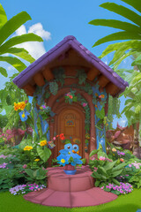 Fototapeta na wymiar generative AI. fantasy wooden house illustration with tropical flowers and plants in the garden. Kids cartoon animation movie painting style.