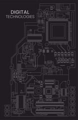 Digital printed circuit board. Vector illustration of circuit board with electronic components. Sketch for creativity