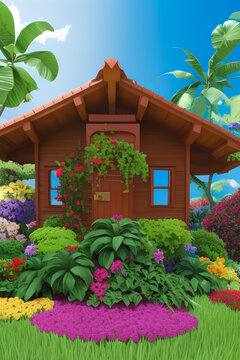 generative AI. fantasy wooden house illustration with tropical flowers and plants in the garden. Kids cartoon animation movie painting style.