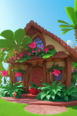 generative AI. fantasy wooden house illustration with tropical flowers and plants in the garden. Kids cartoon animation movie painting style.
