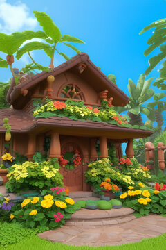 generative AI. fantasy wooden house illustration with tropical flowers and plants in the garden. Kids cartoon animation movie painting style.