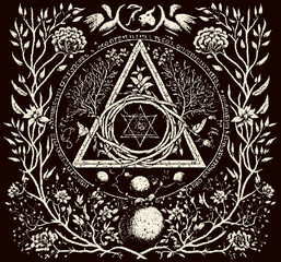 Occult symbols composition in dotwork style. Abstract mystic elements, floral wreath and sacred triangle in retro flat lay composition. - obrazy, fototapety, plakaty