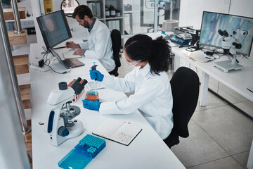 Technology, teamwork or collaboration in laboratory research, dropper test or dna science...