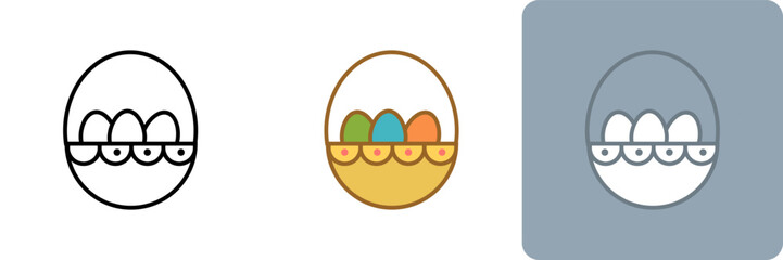 Easter Eggs in Basket Icon Set features a collection of icons showcasing colorful Easter eggs displayed in a basket