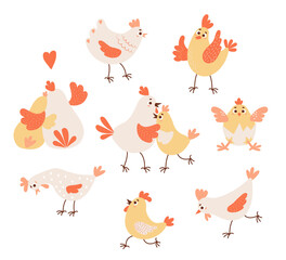 Collection of domestic birds. Cute rooster, hen and little chick in eggshell. Vector illustration. Isolated farm birds for design, decor, kids collection