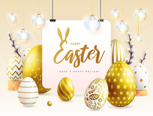 Happy Easter holiday background with golden easter eggs and willow branches. Greeting card or poster. Vector illustration
