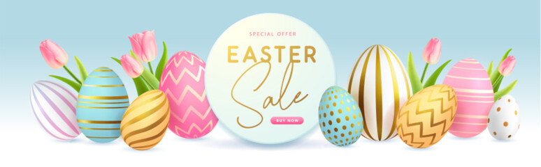 Happy Easter typography big sale poster with colorful easter eggs and spring tulips. Greeting card or poster. Vector illustration
