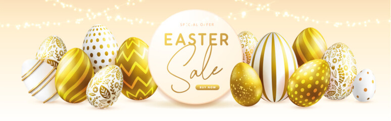 Happy Easter typography big sale poster with gold easter eggs and string of lights. Greeting card or poster. Vector illustration