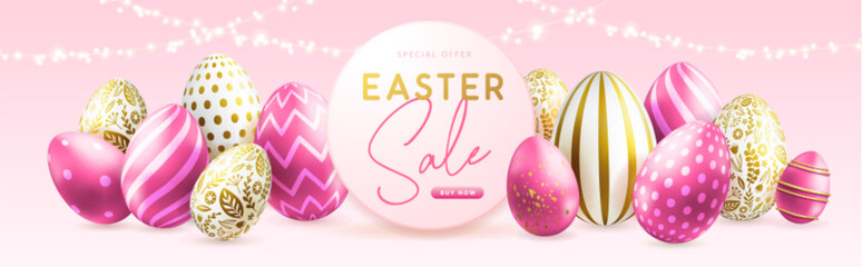 Happy Easter typography big sale poster with pink easter eggs and string of lights. Greeting card or poster. Vector illustration